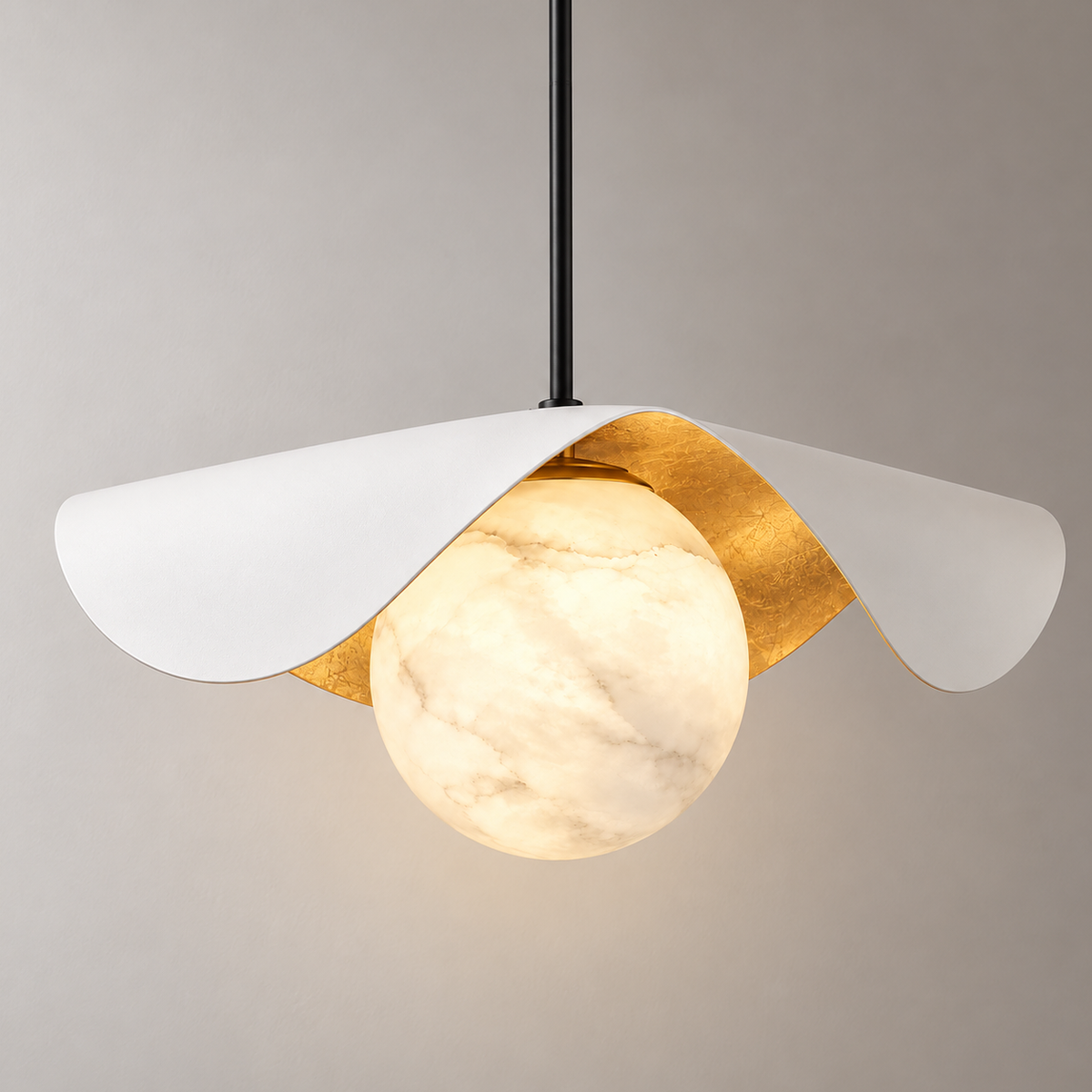 Calla Alabaster Leaf Pendant Light, white shade, studio photo