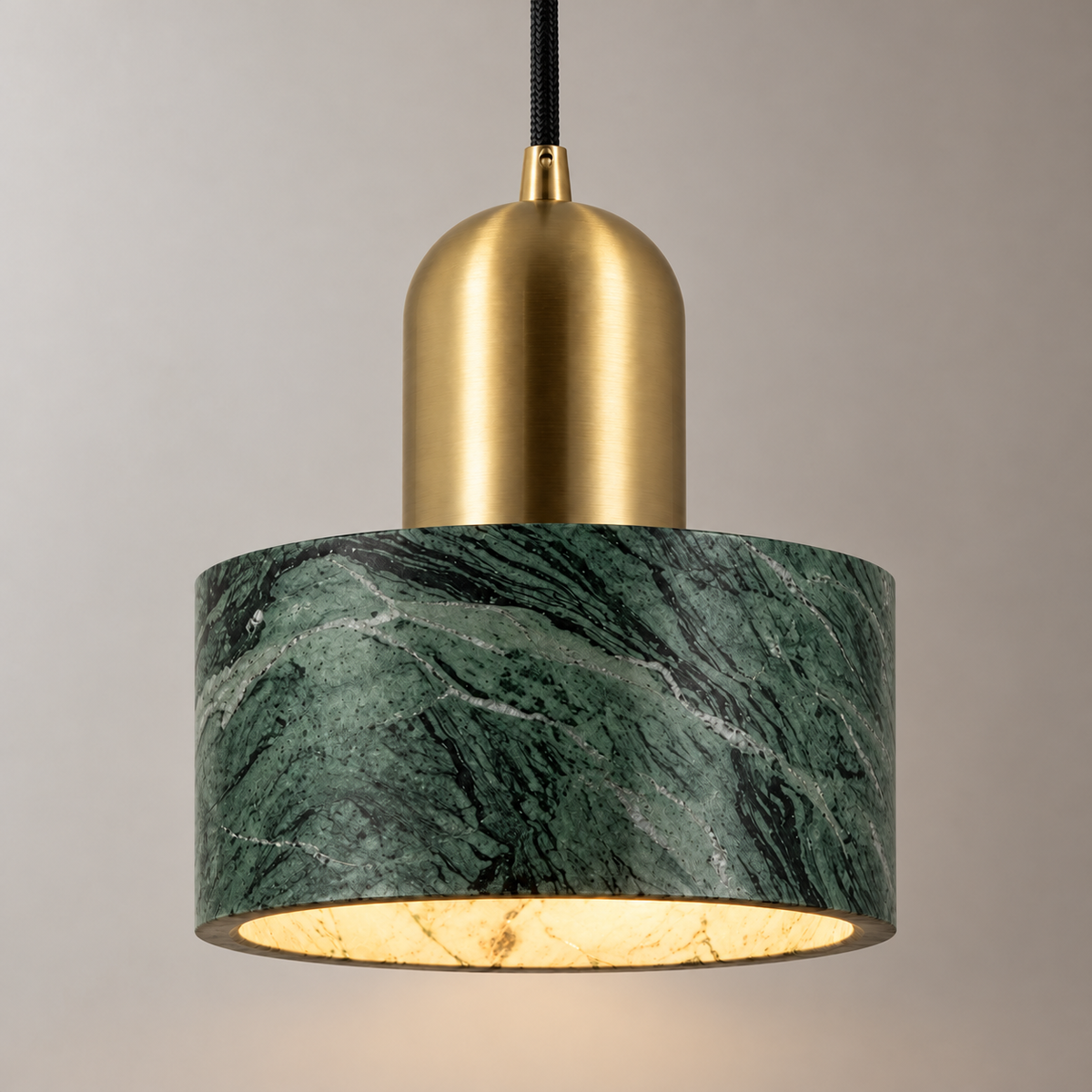 Milo Marble Drum Pendant Light, green marble, studio photo